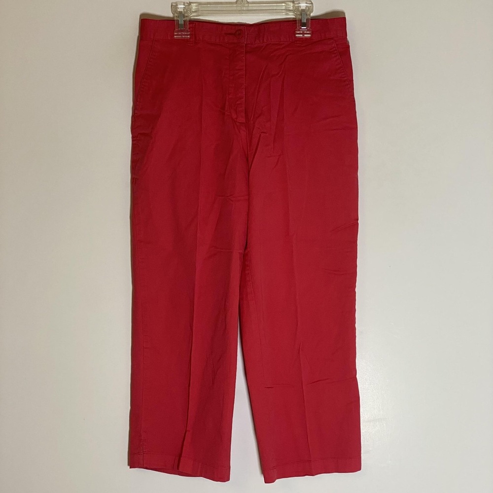 Basic Editions Pants Womens 10 Red Stretch Capri Twill Straight Leg Slit Hem